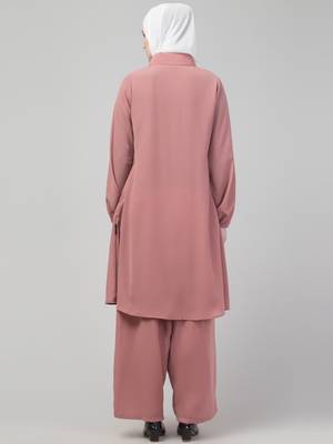 Mauve Pink Matt nida elastic sleeves abaya cordset with hijab 2