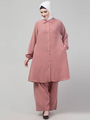 Mauve Pink Matt nida elastic sleeves abaya cordset with hijab 1