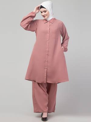 Mauve Pink Matt nida elastic sleeves abaya cordset with hijab 3