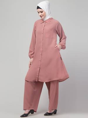 Mauve Pink Matt nida elastic sleeves abaya cordset with hijab 4