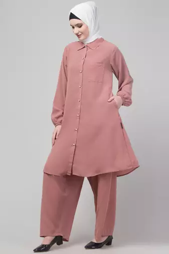 Mauve Pink Matt nida elastic sleeves abaya cordset with hijab