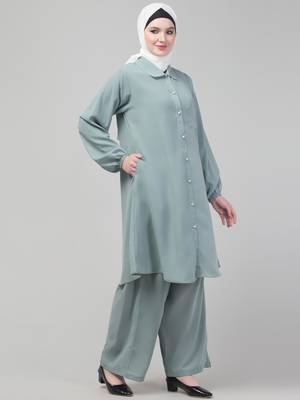Sage Matt nida elastic sleeves abaya cordset with hijab 4