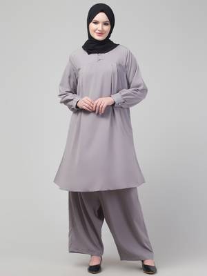 Light Grey Matt nida cuff sleeves abaya cordset with hijab 1