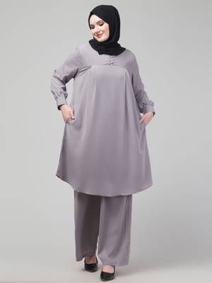 Light Grey Matt nida cuff sleeves abaya cordset with hijab 3