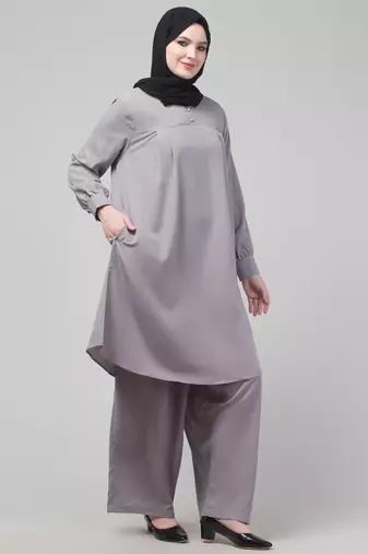Light Grey Matt nida cuff sleeves abaya cordset with hijab