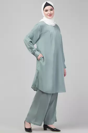 Sage Matt nida cuff sleeves abaya cordset with hijab