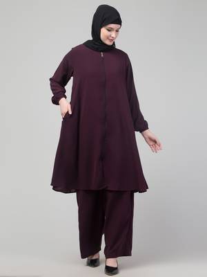 Wine Matt nida elastic sleeves abaya cord set with hijab 3