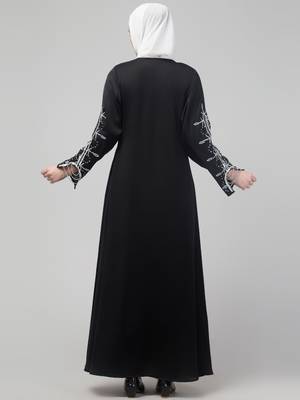 Black hand embroidered elastic at sleeves abaya with hijab 2