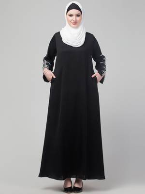 Black hand embroidered elastic at sleeves abaya with hijab 1