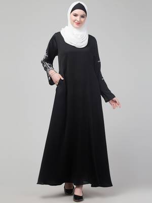 Black hand embroidered elastic at sleeves abaya with hijab 3