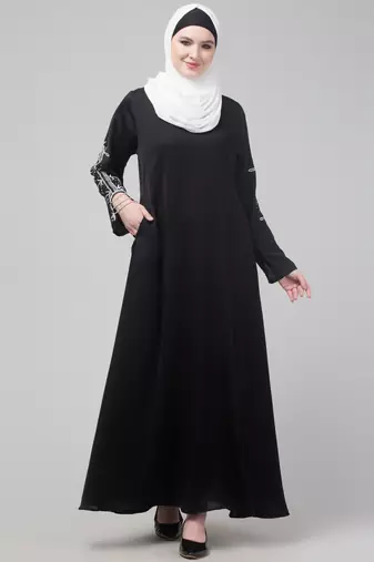 Black hand embroidered elastic at sleeves abaya with hijab