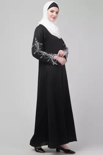 Black hand embroidered elastic at sleeves abaya with hijab