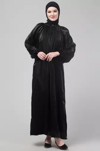 Black organza elastic sleeve abaya with hijab
