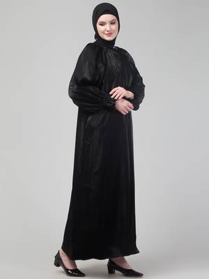 Black organza elastic sleeve abaya with hijab 4