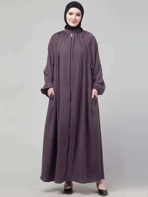 Purple matt nida front zip elastic sleeve abaya with hijab 1