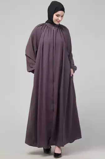 Purple matt nida front zip elastic sleeve abaya with hijab