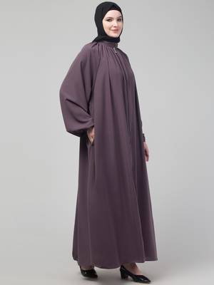 Purple matt nida front zip elastic sleeve abaya with hijab 4