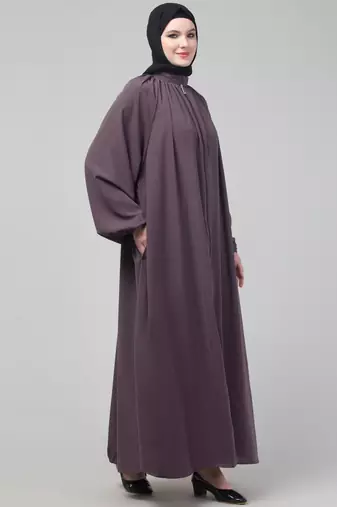 Purple matt nida front zip elastic sleeve abaya with hijab