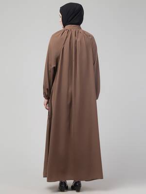 Light brown matt nida front zip elastic sleeve abaya with hijab 2