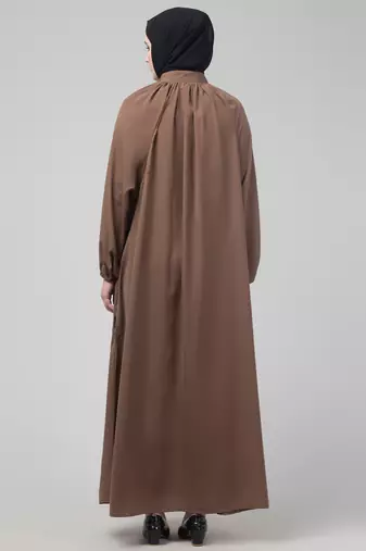 Light brown matt nida front zip elastic sleeve abaya with hijab