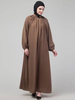 Light brown matt nida front zip elastic sleeve abaya with hijab 1