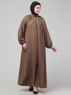 Light brown matt nida front zip elastic sleeve abaya with hijab 3