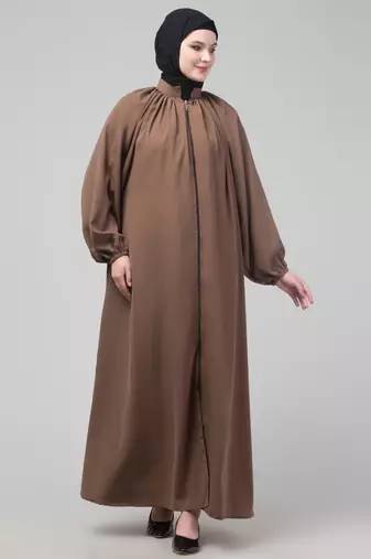 Light brown matt nida front zip elastic sleeve abaya with hijab