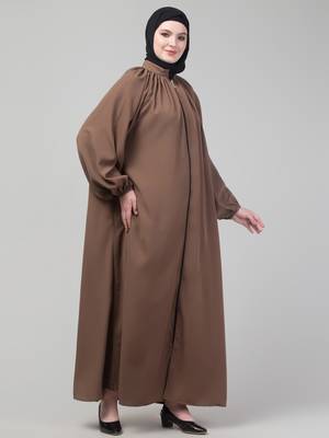 Light brown matt nida front zip elastic sleeve abaya with hijab 4