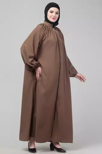 Light brown matt nida front zip elastic sleeve abaya with hijab