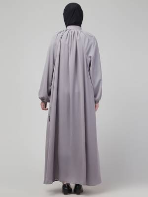 Light grey matt nida front zip elastic sleeve abaya with hijab 2