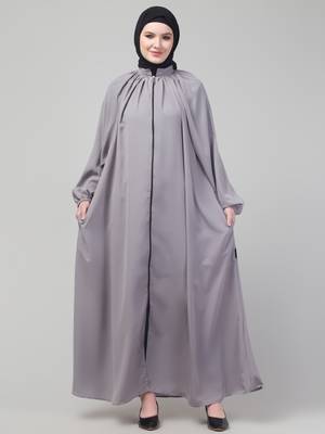 Light grey matt nida front zip elastic sleeve abaya with hijab 1