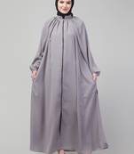 Light grey matt nida front zip elastic sleeve abaya with hijab