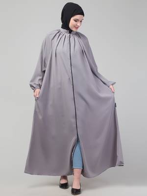 Light grey matt nida front zip elastic sleeve abaya with hijab 3