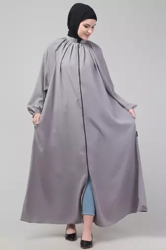 Light grey matt nida front zip elastic sleeve abaya with hijab