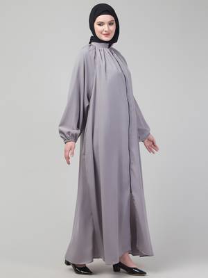 Light grey matt nida front zip elastic sleeve abaya with hijab 4