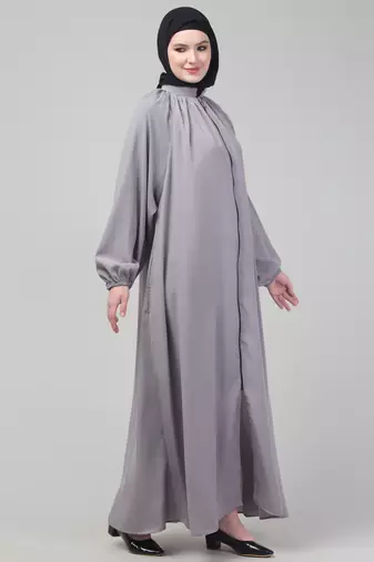 Light grey matt nida front zip elastic sleeve abaya with hijab