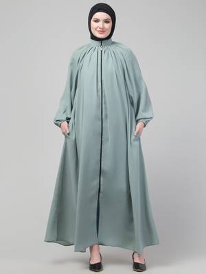 Sage matt nida front zip elastic sleeve abaya with hijab 1