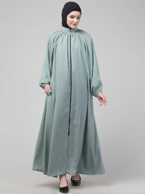 Sage matt nida front zip elastic sleeve abaya with hijab 3