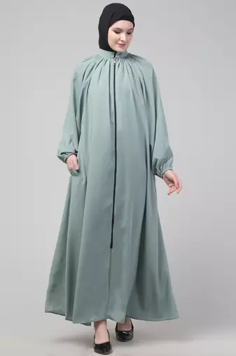 Sage matt nida front zip elastic sleeve abaya with hijab