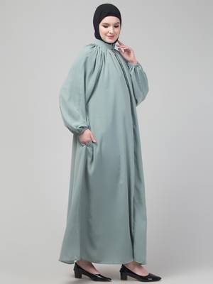 Sage matt nida front zip elastic sleeve abaya with hijab 4