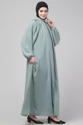 Sage matt nida front zip elastic sleeve abaya with hijab