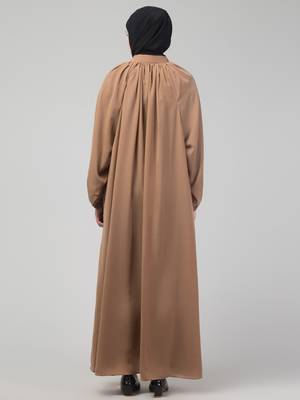Beige matt nida front zip elastic sleeve abaya with hijab 2