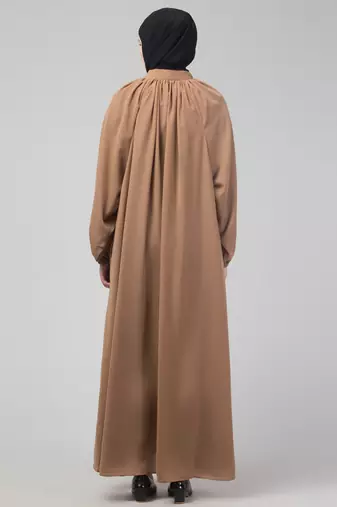 Beige matt nida front zip elastic sleeve abaya with hijab