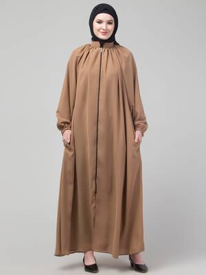Beige matt nida front zip elastic sleeve abaya with hijab 1