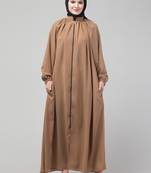 Beige matt nida front zip elastic sleeve abaya with hijab