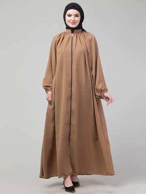 Beige matt nida front zip elastic sleeve abaya with hijab 3