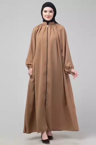 Beige matt nida front zip elastic sleeve abaya with hijab