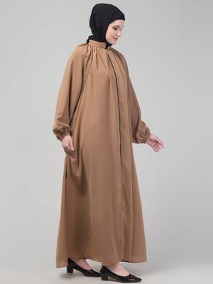Beige matt nida front zip elastic sleeve abaya with hijab 4