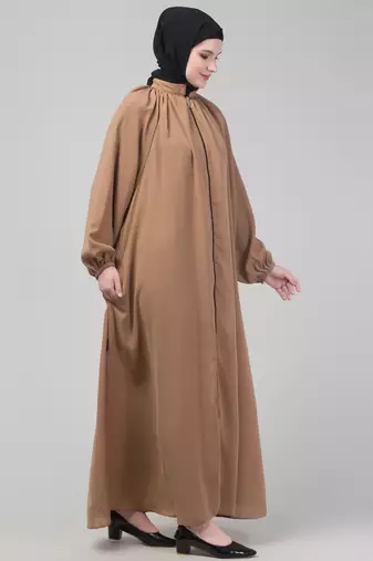 Beige matt nida front zip elastic sleeve abaya with hijab