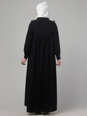 Black waist frill cuff sleeves flare abaya with hijab 2